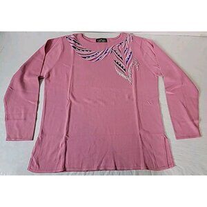 Bob Mackie Wearable Art Pullover Sweater Sz XL Pink Scarf Embroidered Beaded
